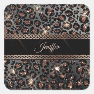 Personalised Trendy Leopard Black Gold Glitter     Square Sticker