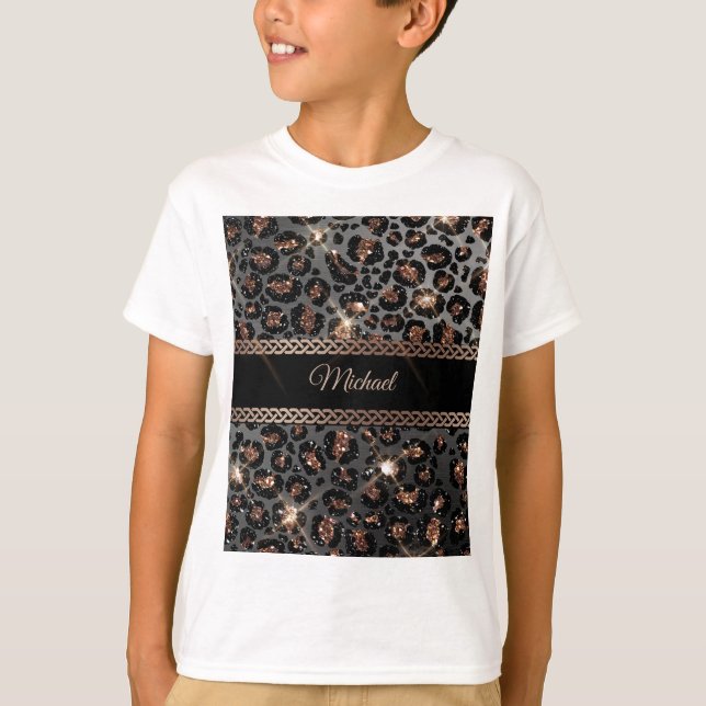 Personalised Trendy Leopard Black Gold Glitter     T-Shirt (Front)