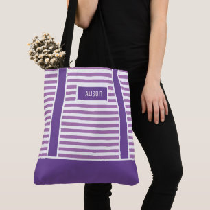 Personalised Trendy Purple And White Stripes Tote Bag