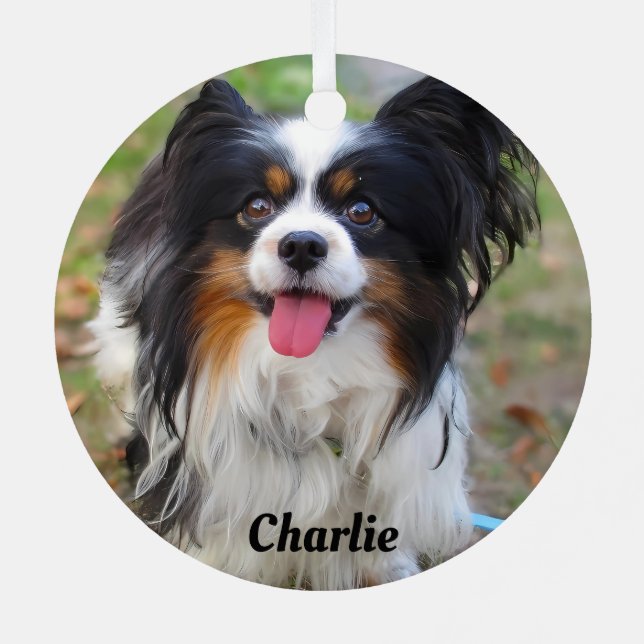 Personalised Tri Colour Papillon Puppy Dog Metal Tree Decoration (Back)