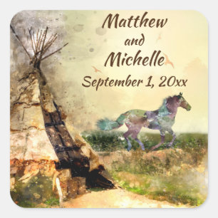 Personalised Tribal Teepee and Horse Tipi Wedding Square Sticker