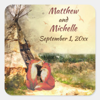 Personalised Tribal Tipi and Foxes Teepee Wedding Square Sticker