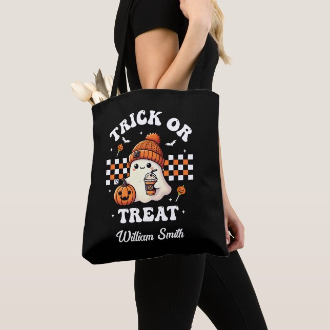 Personalised Trick or Treat Ghost Halloween Tote Bag (Close Up)