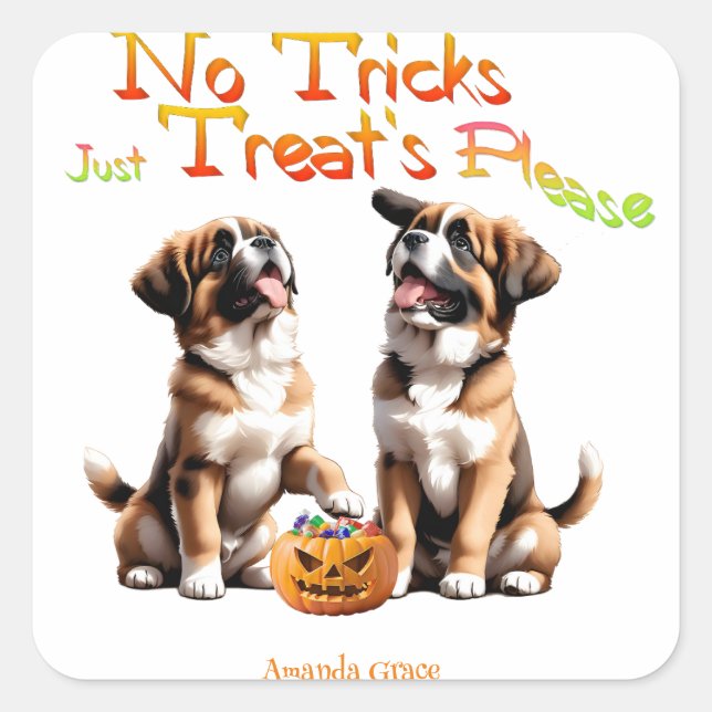 Personalised Trick Treat Halloween Saint Bernard  Square Sticker (Front)