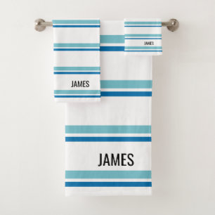 Personalised Tropical Aqua Blue And White Striped Bath Towel Set