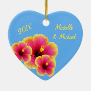 Personalised Tropical Blue Wedding Hibiscus Ceramic Ornament
