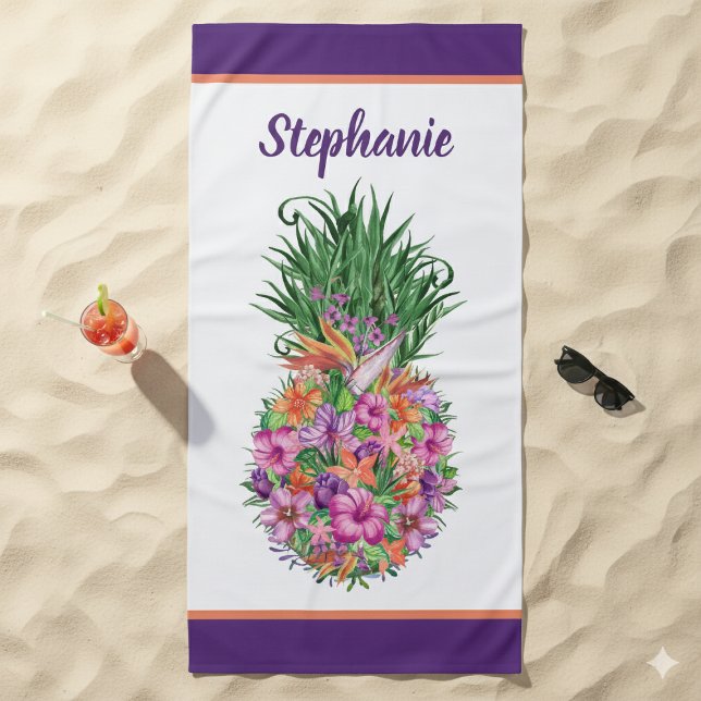 Personalised Tropical Floral Pineapple Watercolor Beach Towel (Personalized Tropical Floral Pineapple Watercolor Beach Towel)