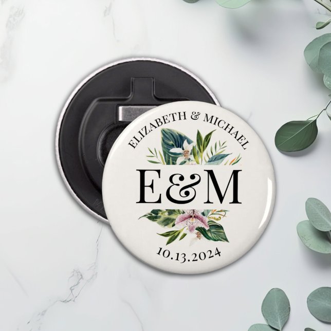 Personalised Tropical Floral Wedding Favour Button Bottle Opener (Creator Uploaded)