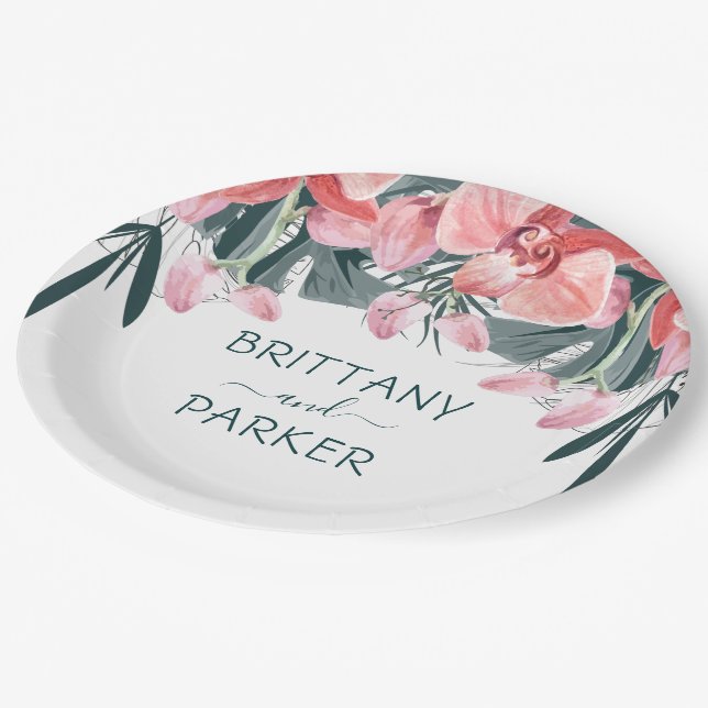 Personalised Tropical Floral Wedding Paper Plate (Angled)