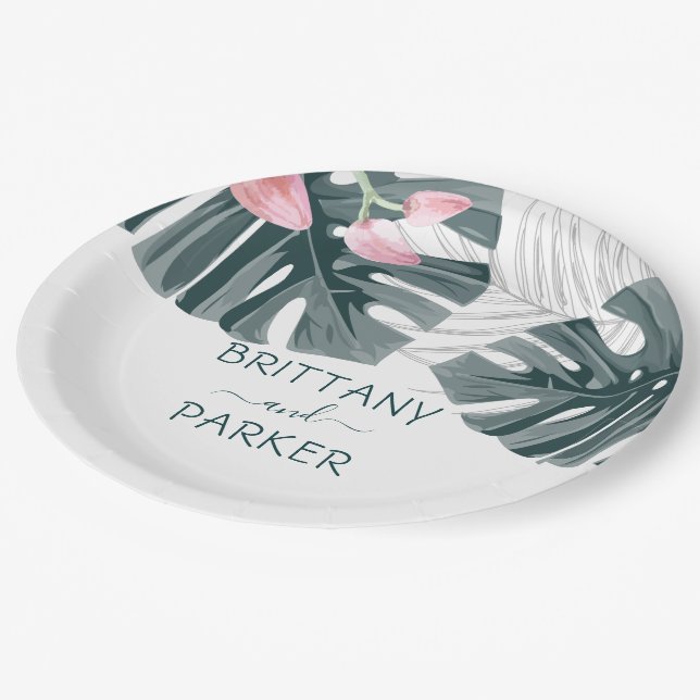 Personalised Tropical Floral Wedding Paper Plate (Angled)
