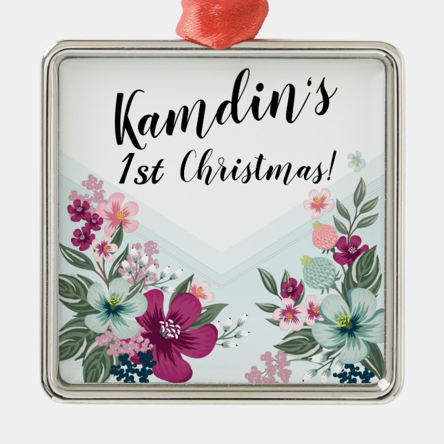 Personalised Tropical Flower on Blue Ombre Metal Ornament (Front)