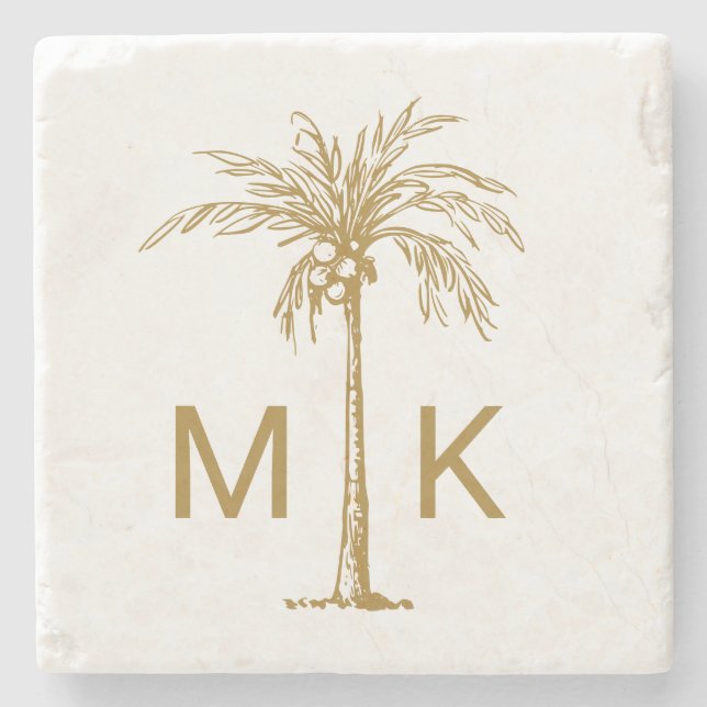 Personalised Tropical Gold Palm Tree Monogram Stone Coaster (Front)
