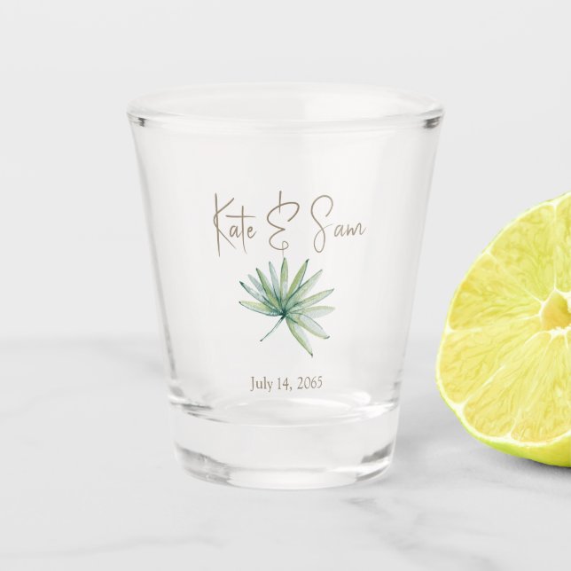 Personalised Tropical Greenery Wedding Favour Shot Glass (Front)