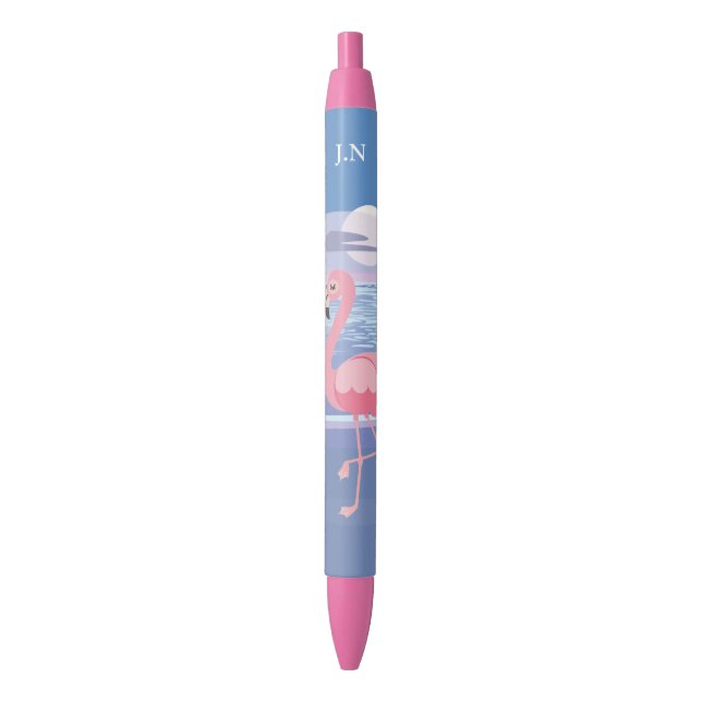 Personalised Tropical Island Flamingo Black Ink Pen (Front Vertical)