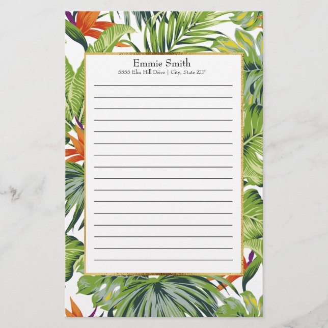 Personalised Tropical Leaves Orange Flowers Stationery (Front)