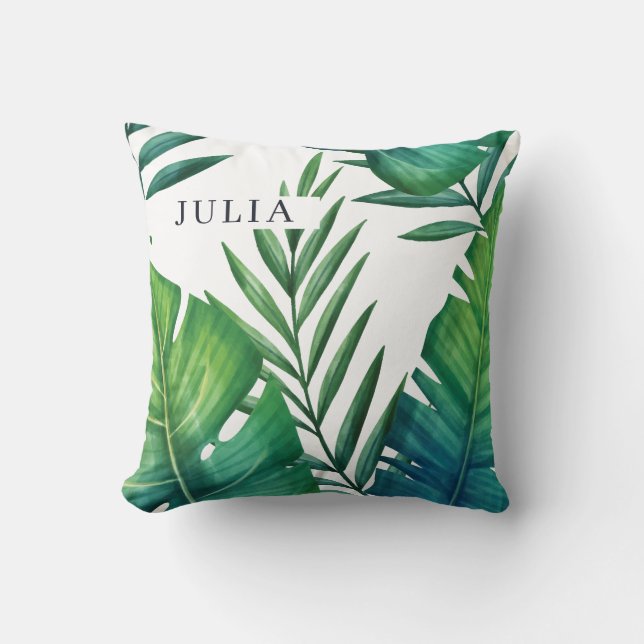 Personalised Tropical Leaves Watercolor Cushion (Front)