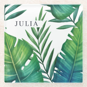 Personalised Tropical Leaves Watercolor Glass Coaster