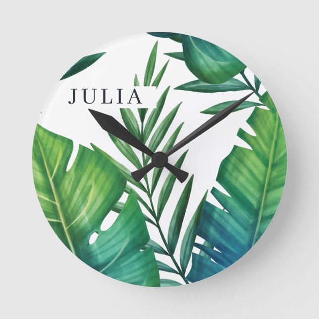 Personalised Tropical Leaves Watercolor Round Clock (Front)