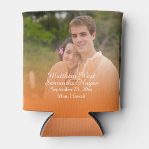 Personalised Tropical Orange Beach Wedding Photo Can Cooler