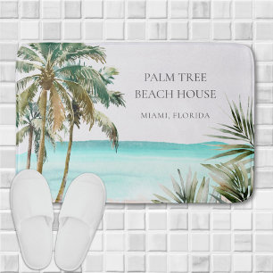 Personalised Tropical Palm Tree Leaves Blue Beach Bath Mat