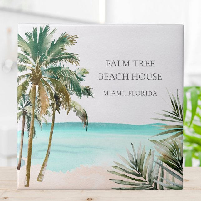 Personalised Tropical Palm Tree Leaves Blue Beach Ceramic Tile (In situ)