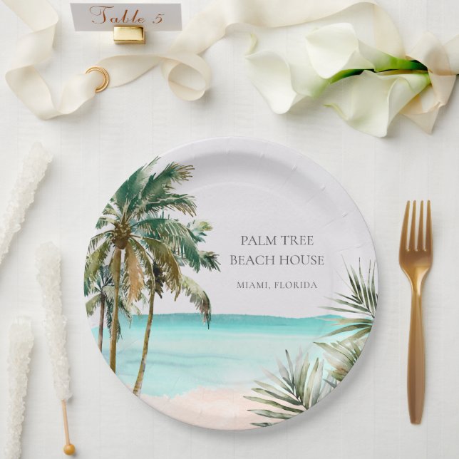 Personalised Tropical Palm Tree Leaves Blue Beach Paper Plate (Wedding)