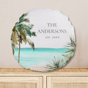 Personalised Tropical Palm Tree Leaves Blue Beach Round Cushion