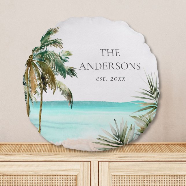 Personalised Tropical Palm Tree Leaves Blue Beach Round Cushion (In situ)