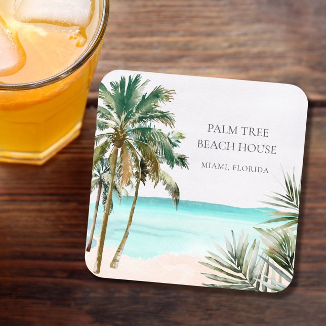 Personalised Tropical Palm Tree Leaves Blue Beach Square Paper Coaster (In situ)