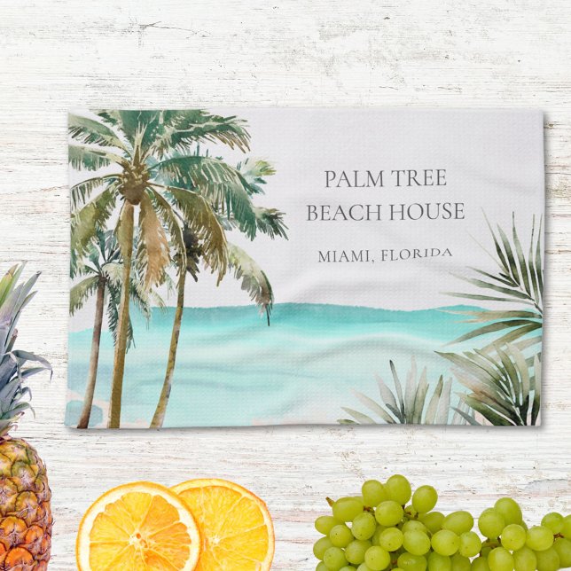Personalised Tropical Palm Tree Leaves Blue Beach Tea Towel (In situ)