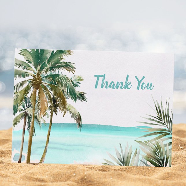 Personalised Tropical Palm Tree Leaves Blue Beach Thank You Card (In situ)