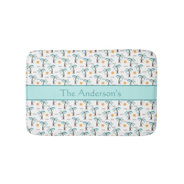 Personalised Tropical Palm Tree Sunshine Teal  Bath Mat (Front)