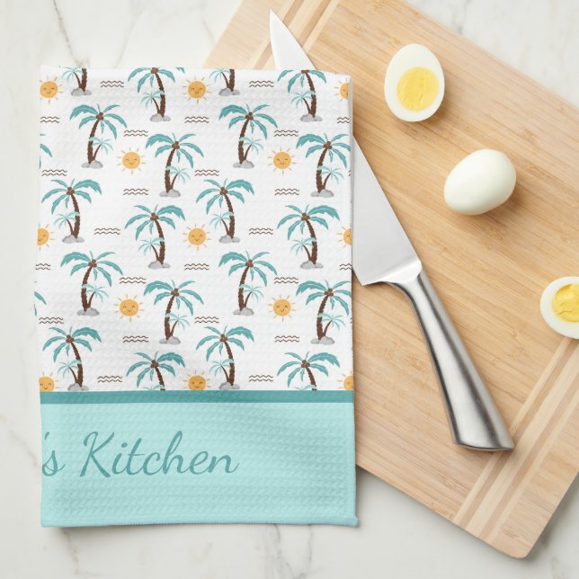 Personalised Tropical Palm Tree Sunshine Teal Tea Towel (Quarter Fold)