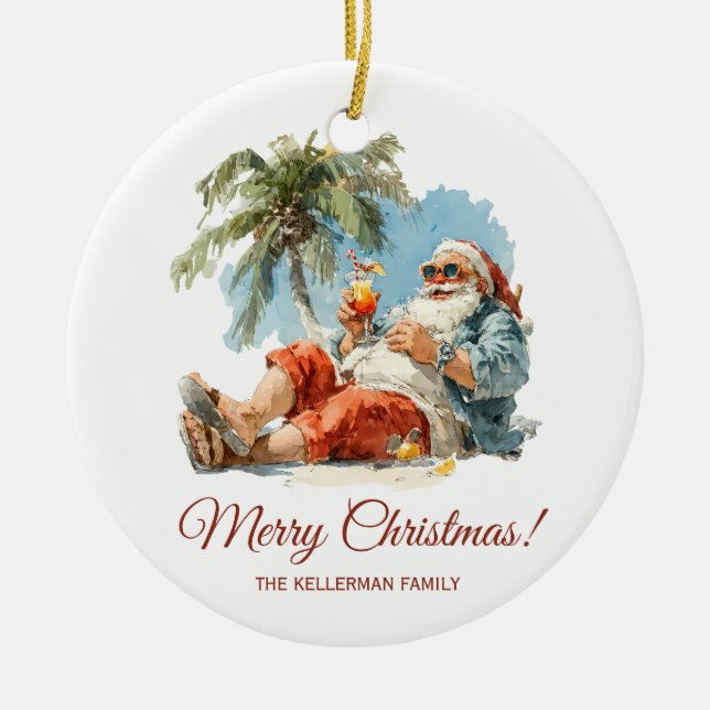 Personalised Tropical Santa Christmas Ceramic Ornament (Front)