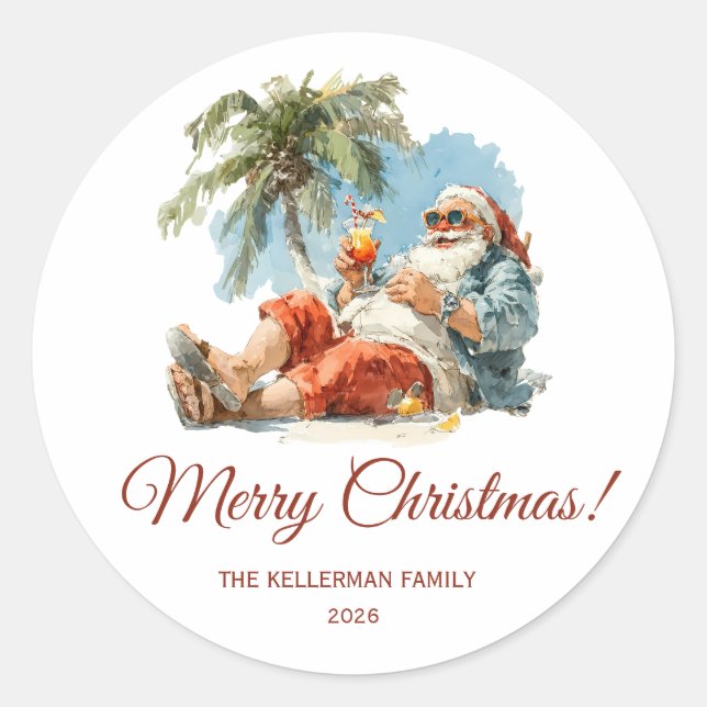 Personalised Tropical Santa Christmas Classic Round Sticker (Front)