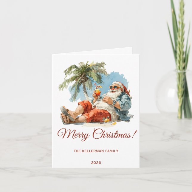 Personalised Tropical Santa Christmas Holiday Card (Front)