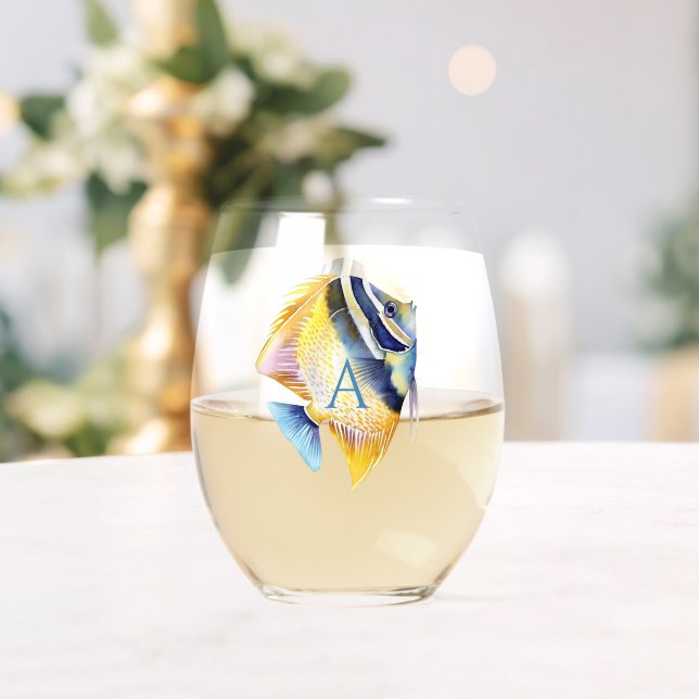 Personalised Tropical Watercolor Angel Fish Stemless Wine Glass (Insitu (Wedding))