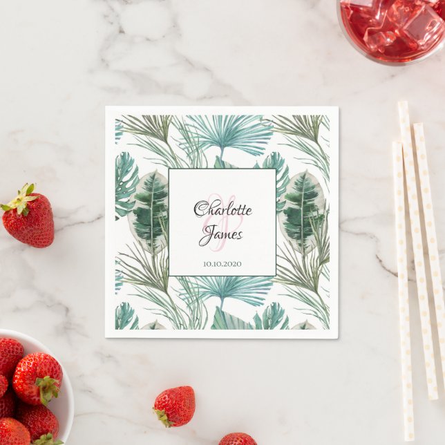 Personalised Tropical Wedding Palm Frond Pattern Napkin (Insitu)