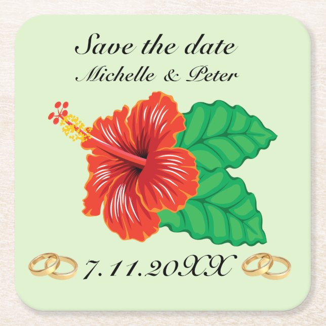 Personalised Tropical Wedding "Save The Date" Square Paper Coaster (Front)