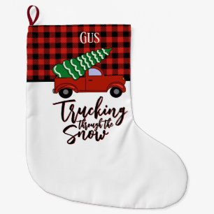Personalised Truck Christmas Stocking Red Plaid