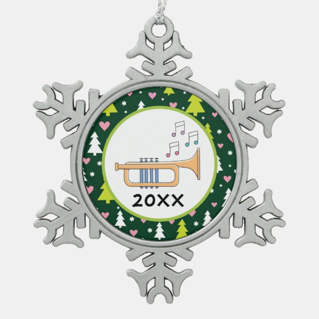 Personalised Trumpet Music Christmas Gift Snowflake Pewter Christmas Ornament (Front)