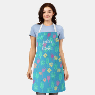 Personalised Tulip Apron Blue Pink Yellow
