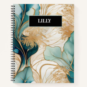 Personalised Turquoise and Gold Alcohol Ink Notebook