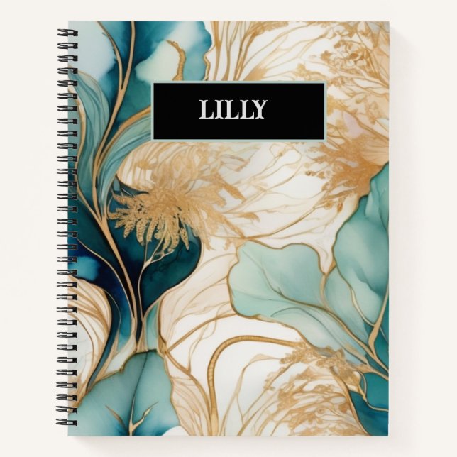 Personalised Turquoise and Gold Alcohol Ink  Notebook (Front)