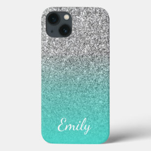 Personalised Turquoise and Silver Glitter Ombre iPhone 13 Case