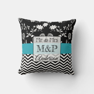 Personalised Turquoise Black Wedding Pillow