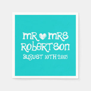 Personalised turquoise blue mr mrs wedding napkins