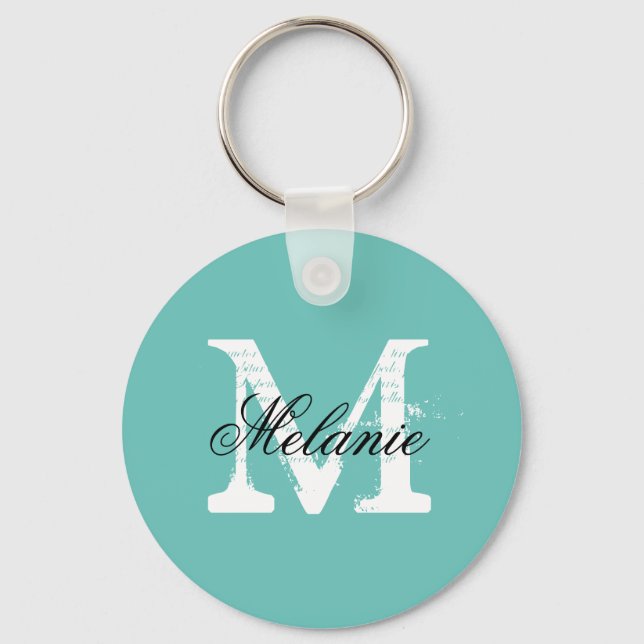 Personalised turquoise blue name monogram keychain (Front)