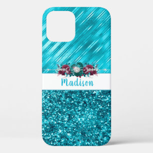 Personalised Turquoise Floral Glitter  iPhone 12 Case