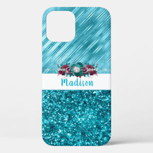 Personalised Turquoise Floral Glitter  iPhone 12 Case